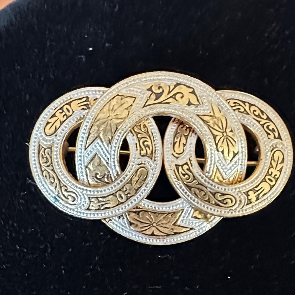 Vintage Spanish Damascene Style Gold and Silver Interlocking Brooch